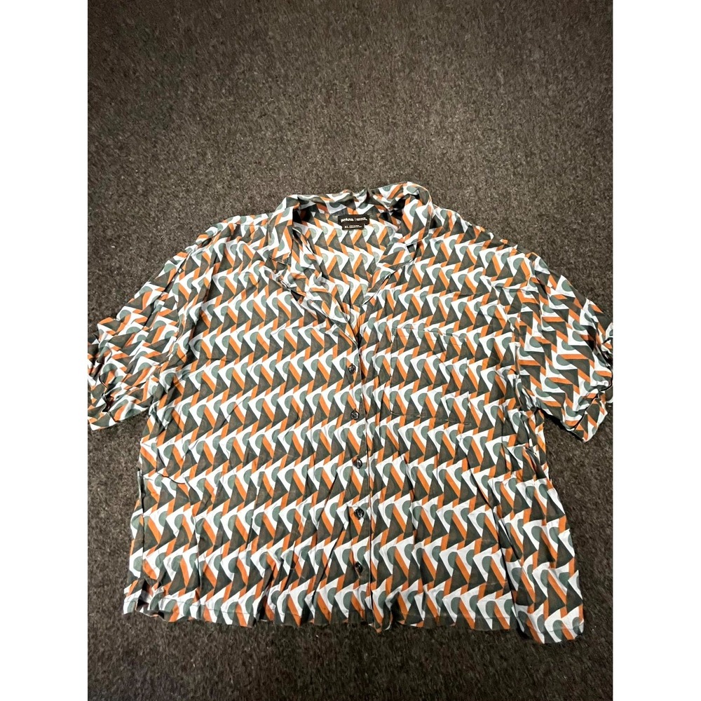 Prana Iguala Top Womens XL Multi Geometric Print Cropped Cuffed Sleeve Button Up